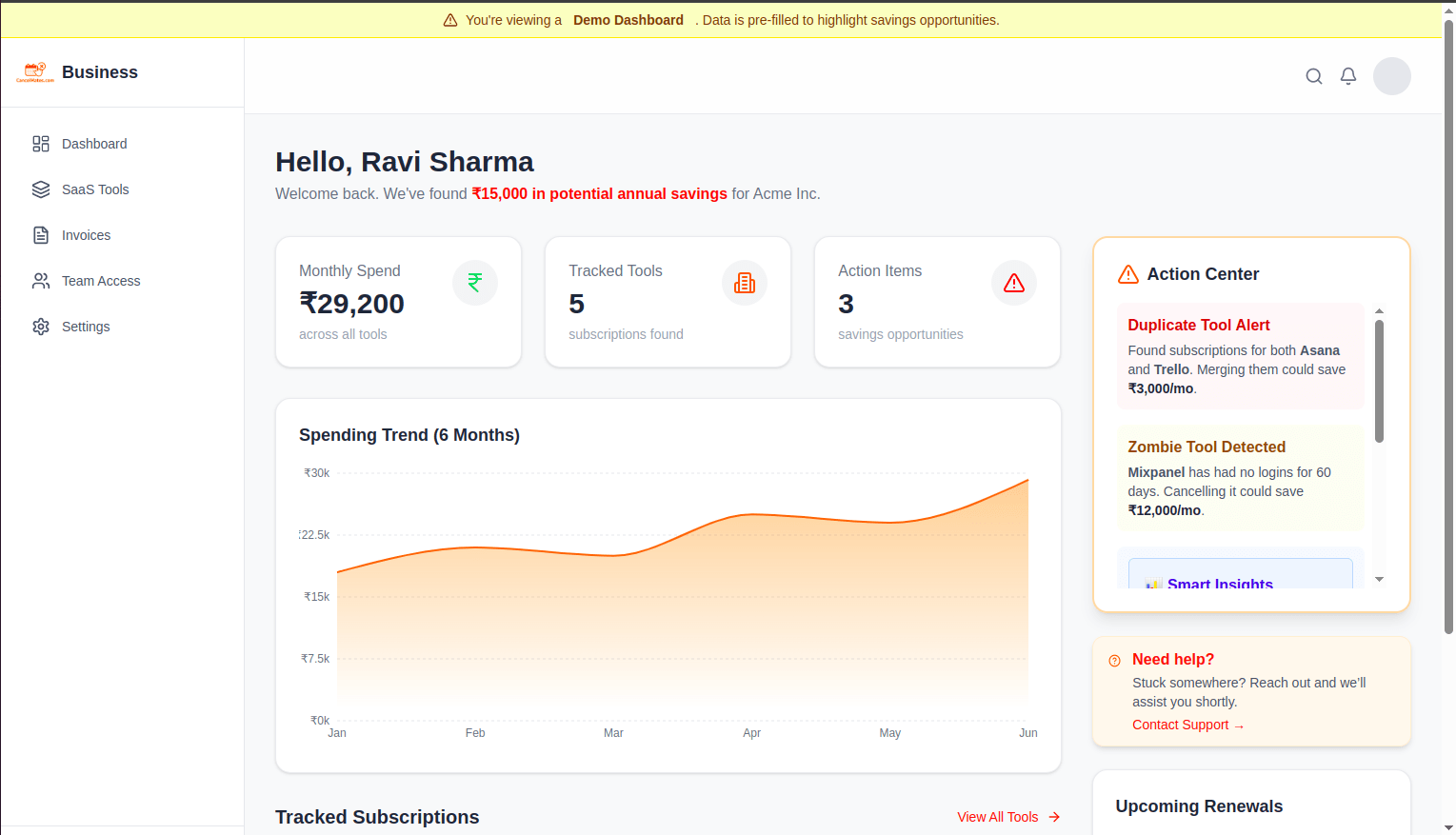 Centralized view of CancelMates SaaS dashboard with tools, tags, and invoices