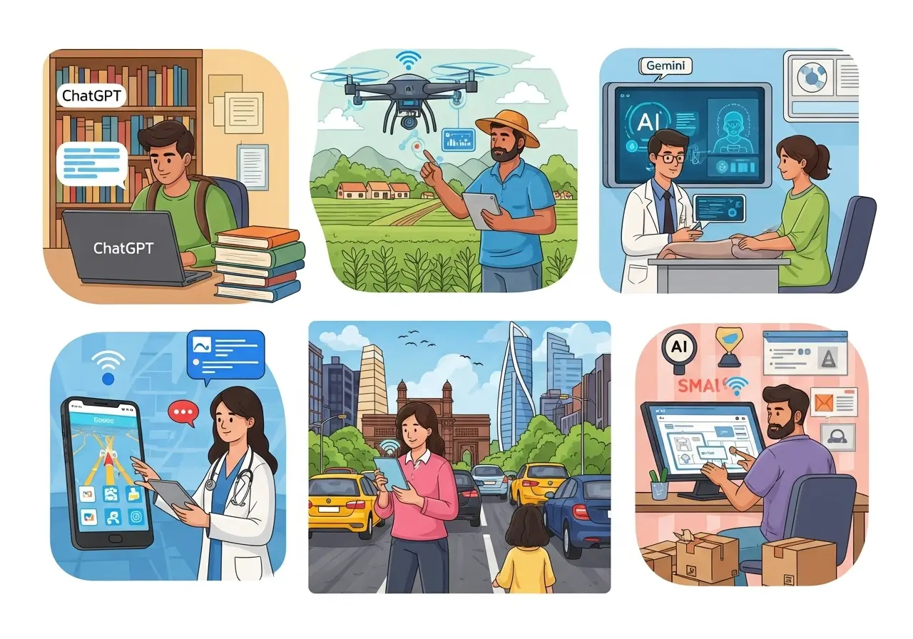 An illustration showing various Indian use cases for AI, including ChatGPT, Gemini, and other emerging apps.