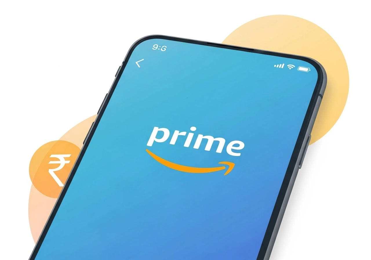 The Amazon Prime logo on a phone screen, representing the yearly renewal fee in India.