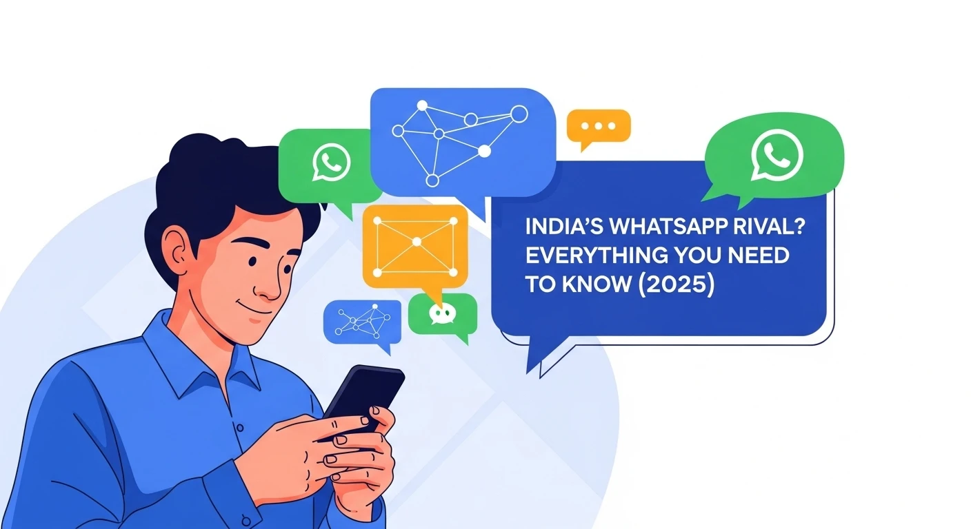 An illustration showing the Arattai Messenger logo on a phone screen, with the Indian flag in the background.