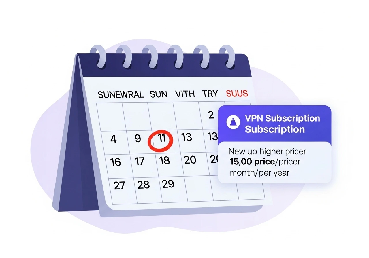 A calendar showing a VPN subscription renewing at a higher price after one year.