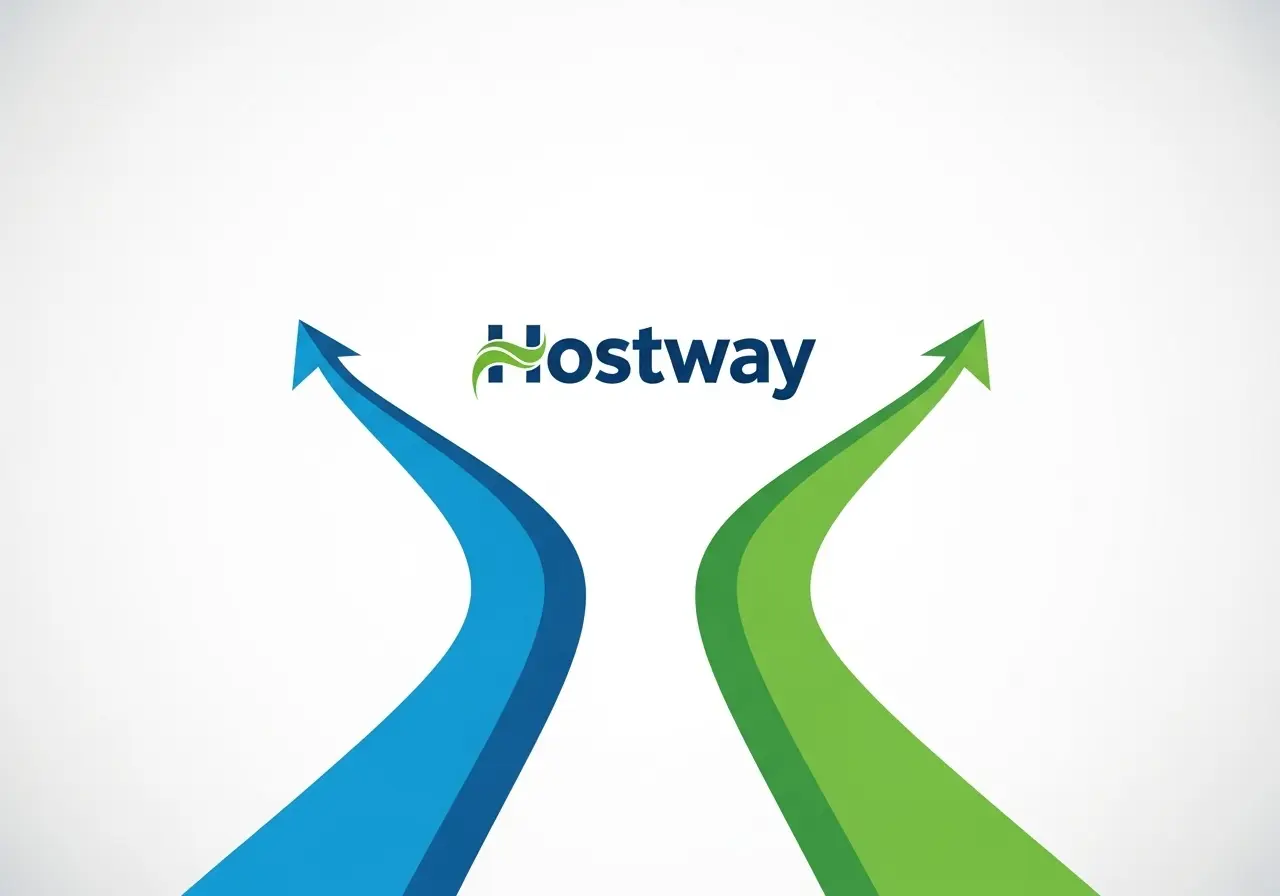 An illustration showing the Hostway logo with two distinct paths leading away from it.
