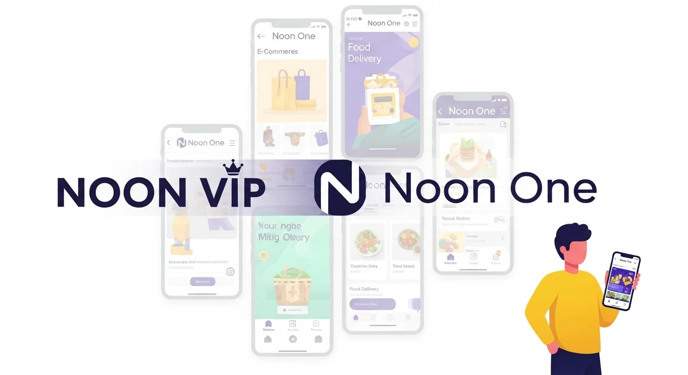 An illustration showing the rebranding from Noon VIP to Noon One, with screenshots of the Noon app.