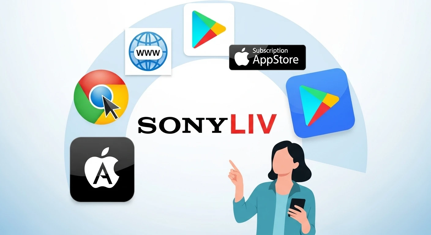 The SonyLIV logo surrounded by icons representing different subscription platforms like the web, Google Play, and the Apple App Store.