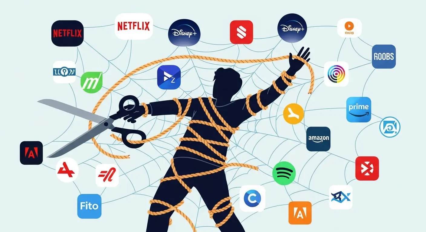An illustration of a person trying to cut a rope with scissors while tangled in a web of subscription icons.