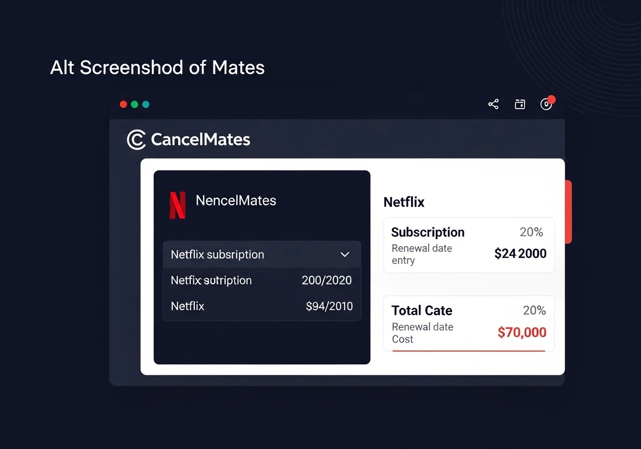 A screenshot of the CancelMates dashboard showing a Netflix subscription entry with its renewal date and cost.