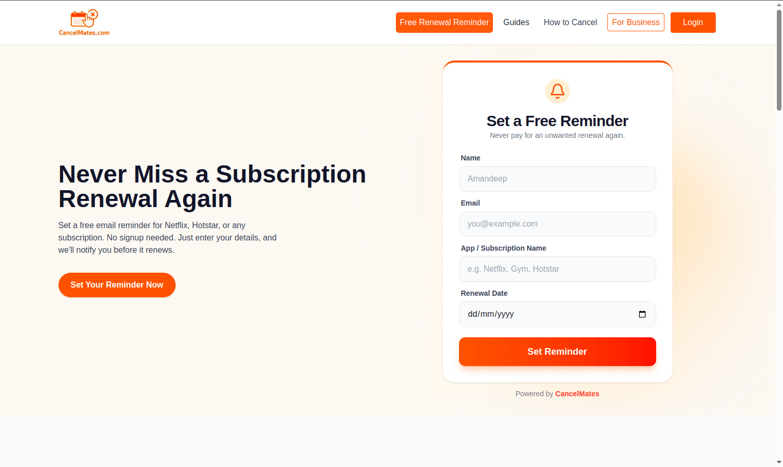 Screenshot of the CancelMates Free Reminder Generator, highlighting its easy-to-use interface.