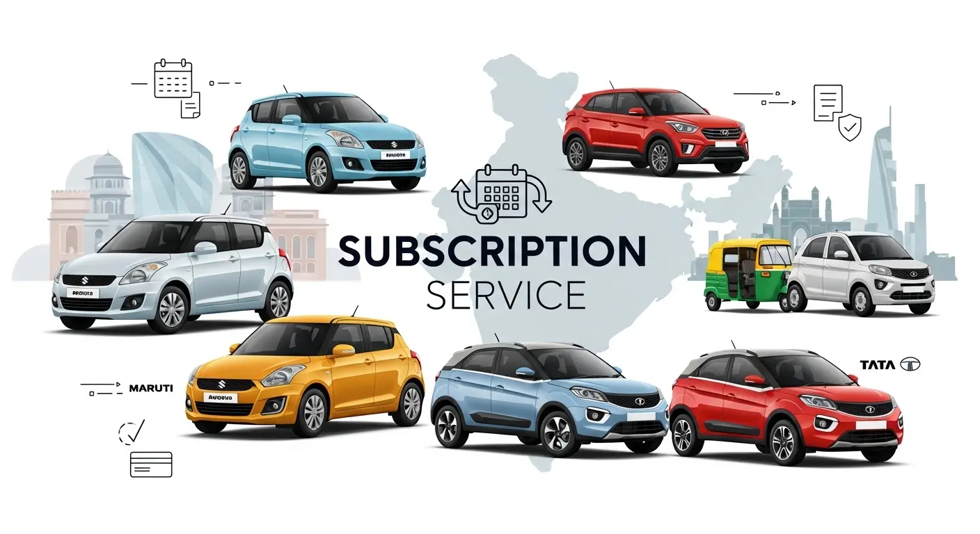 An illustration showing a variety of cars from Maruti, Hyundai, and Tata available through a subscription service in India.