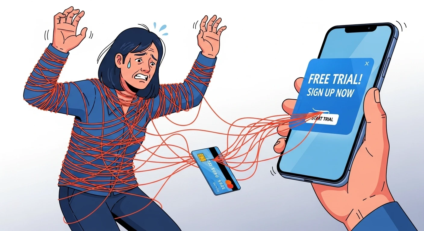 An illustration showing a user tangled in threads leading from a credit card to a free trial pop-up on a phone.