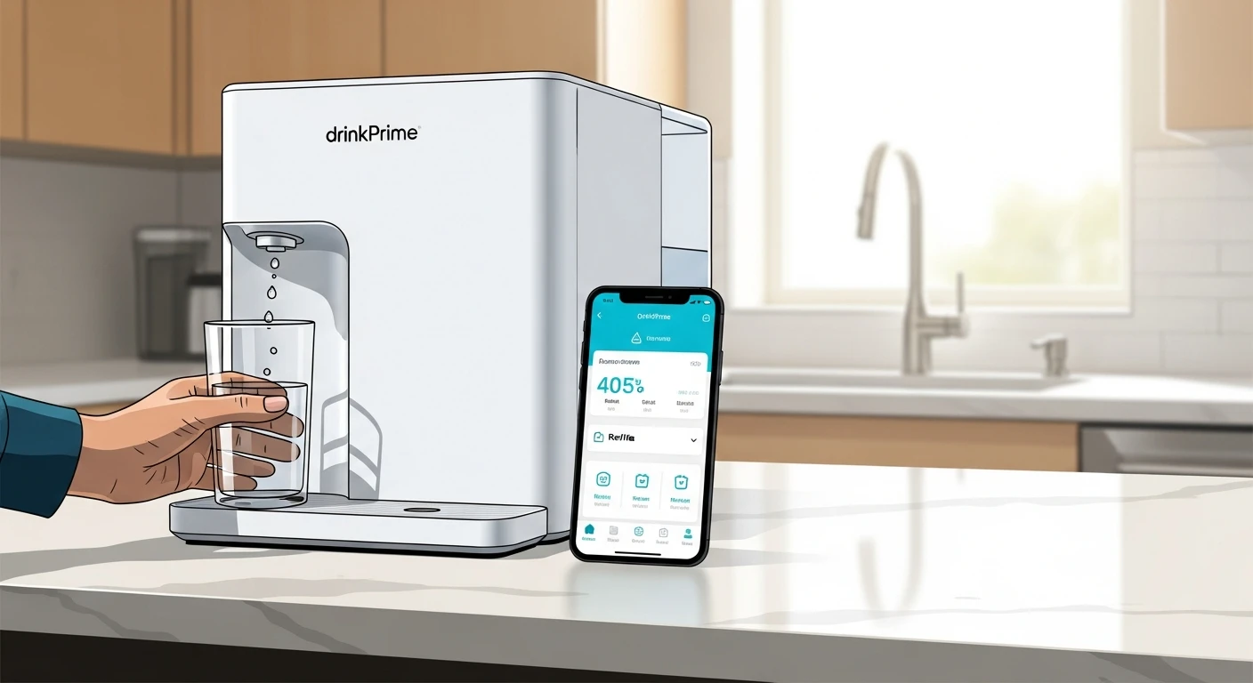 A DrinkPrime water purifier and the DrinkPrime mobile app, symbolizing the Water-as-a-Service model.