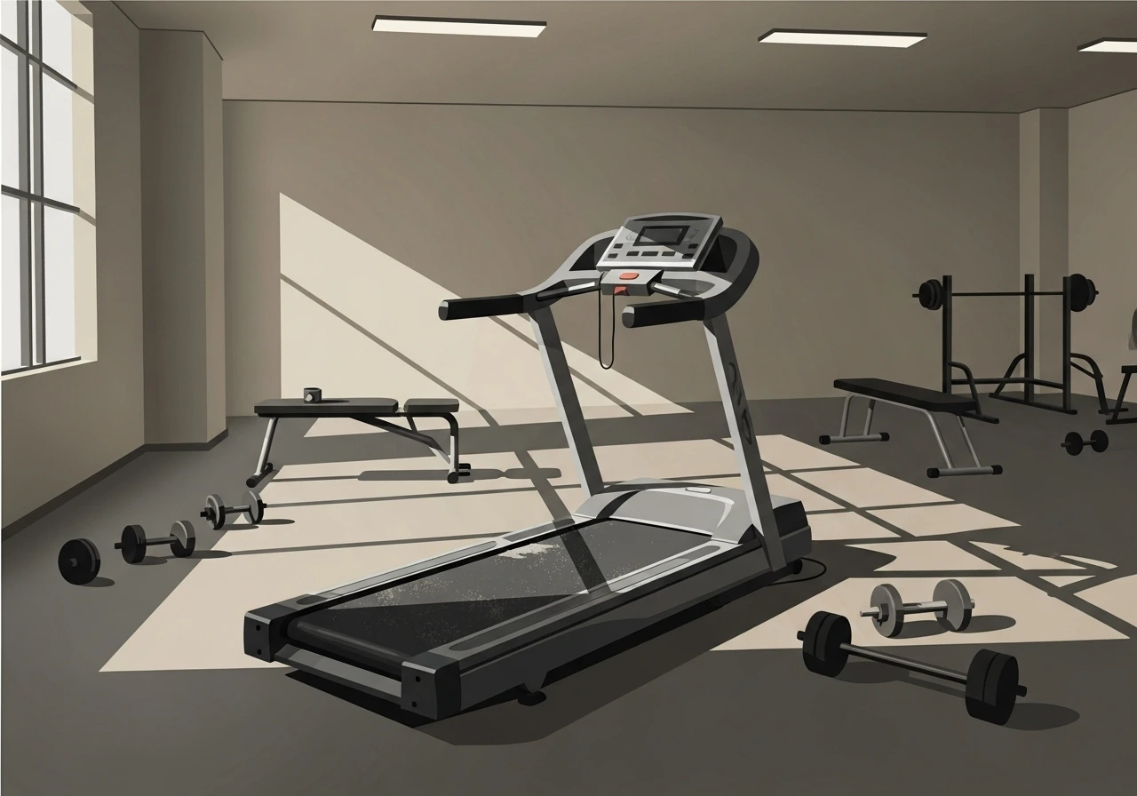 An empty treadmill in a gym, representing a forgotten and unused gym membership in India.