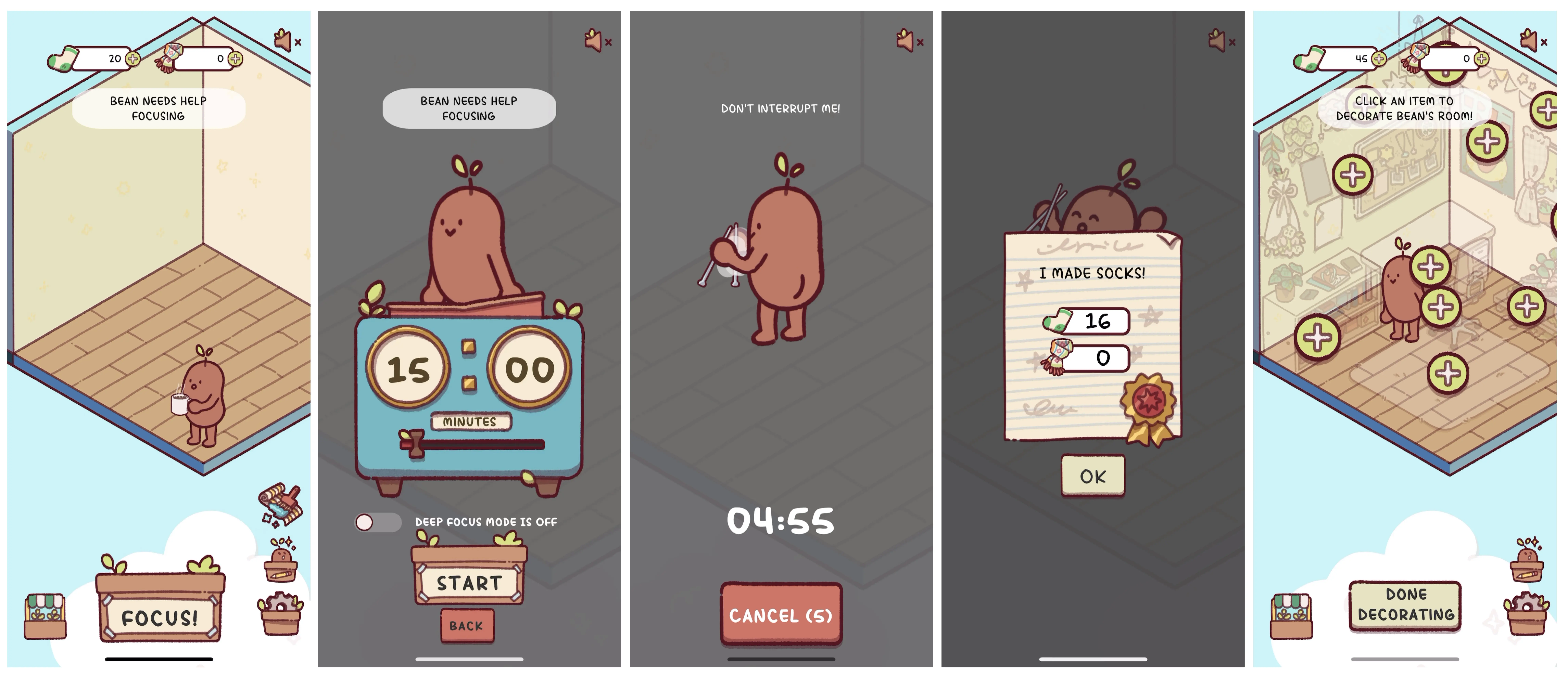 A series of screenshots showing the Focus Friend app in action: setting a timer, the Bean character knitting, and the sock currency earned after a session.