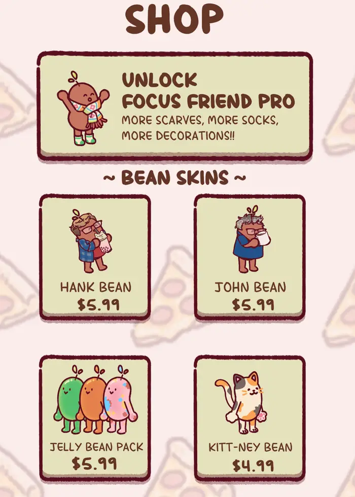 A screenshot from the Focus Friend app showing the customization options for the Bean character, including different colors and shapes.