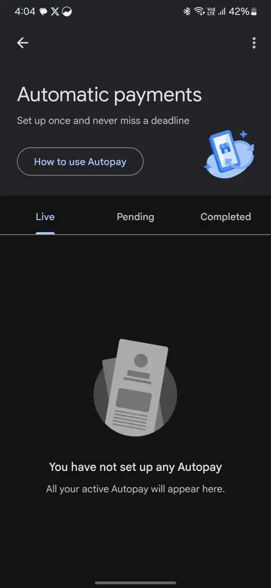 Screenshot of the Google Pay AutoPay screen showing a list of active mandates and the 'Cancel Mandate' button.