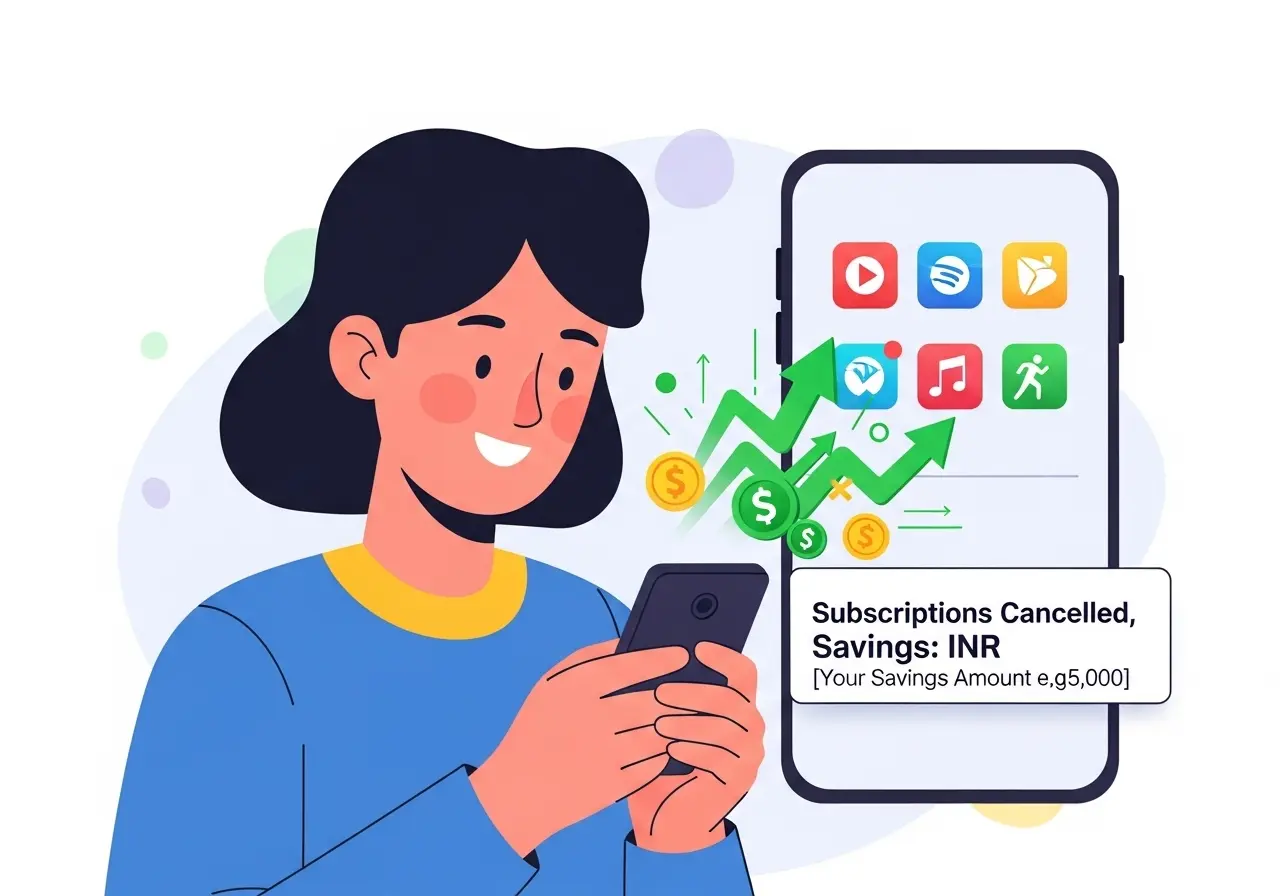 A happy person looking at their phone, with app icons showing money being saved by cancelling subscriptions.