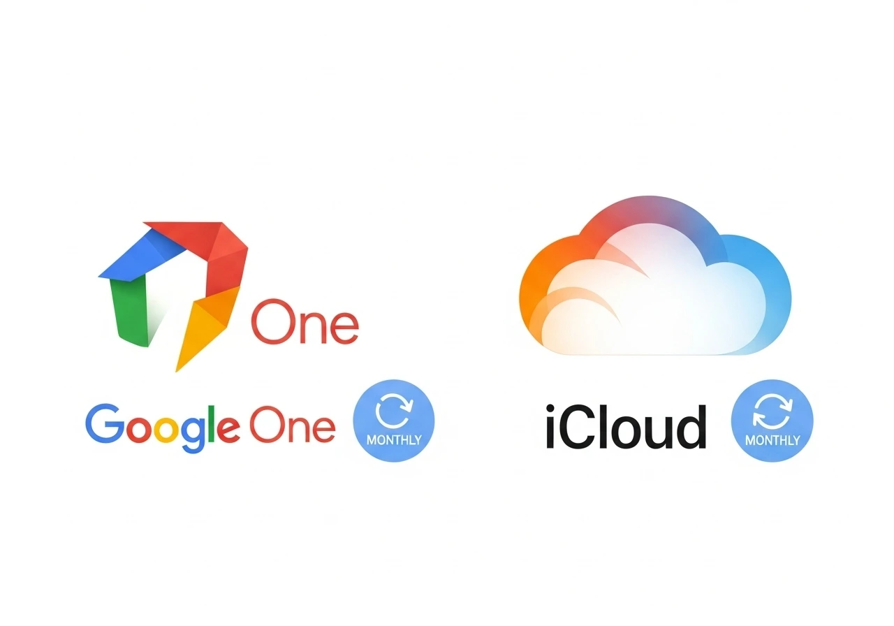 Logos of Google One and iCloud with a monthly fee icon, symbolizing recurring cloud storage costs.