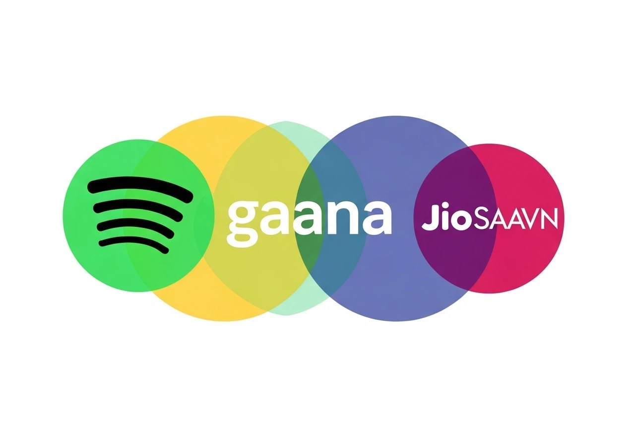 Logos of Spotify, Gaana, and JioSaavn side by side, showing overlapping music subscriptions.