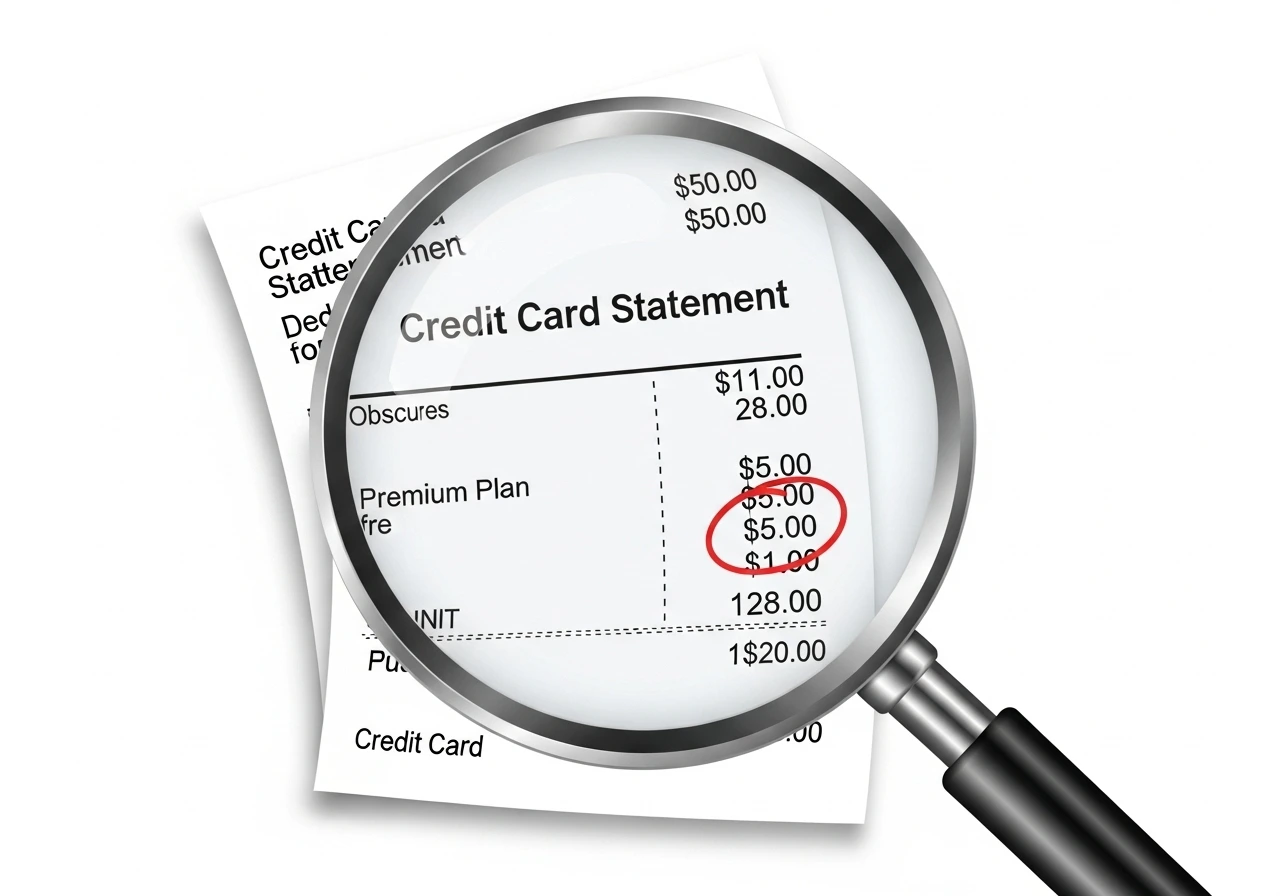 A magnifying glass over a credit card statement highlighting a small, forgotten premium plan fee.