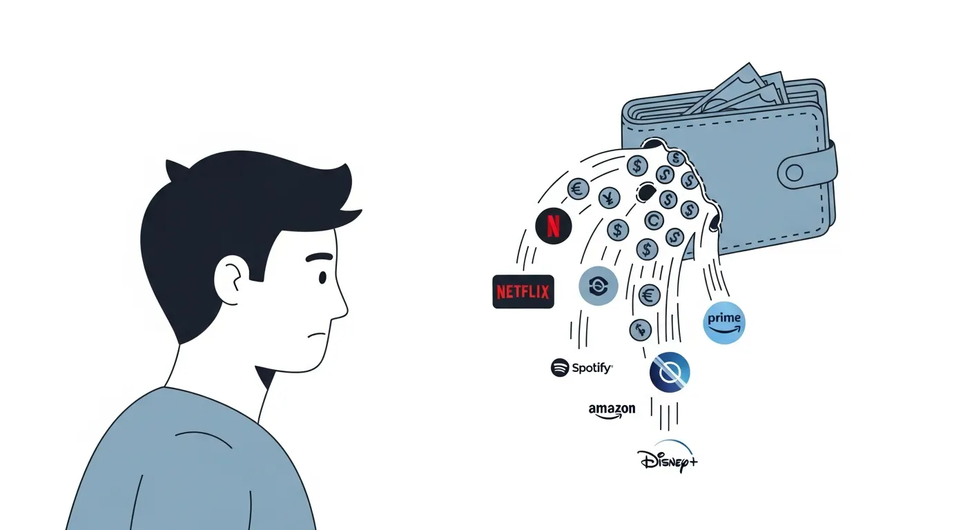 Money leaking from a wallet, symbolizing forgotten subscriptions.