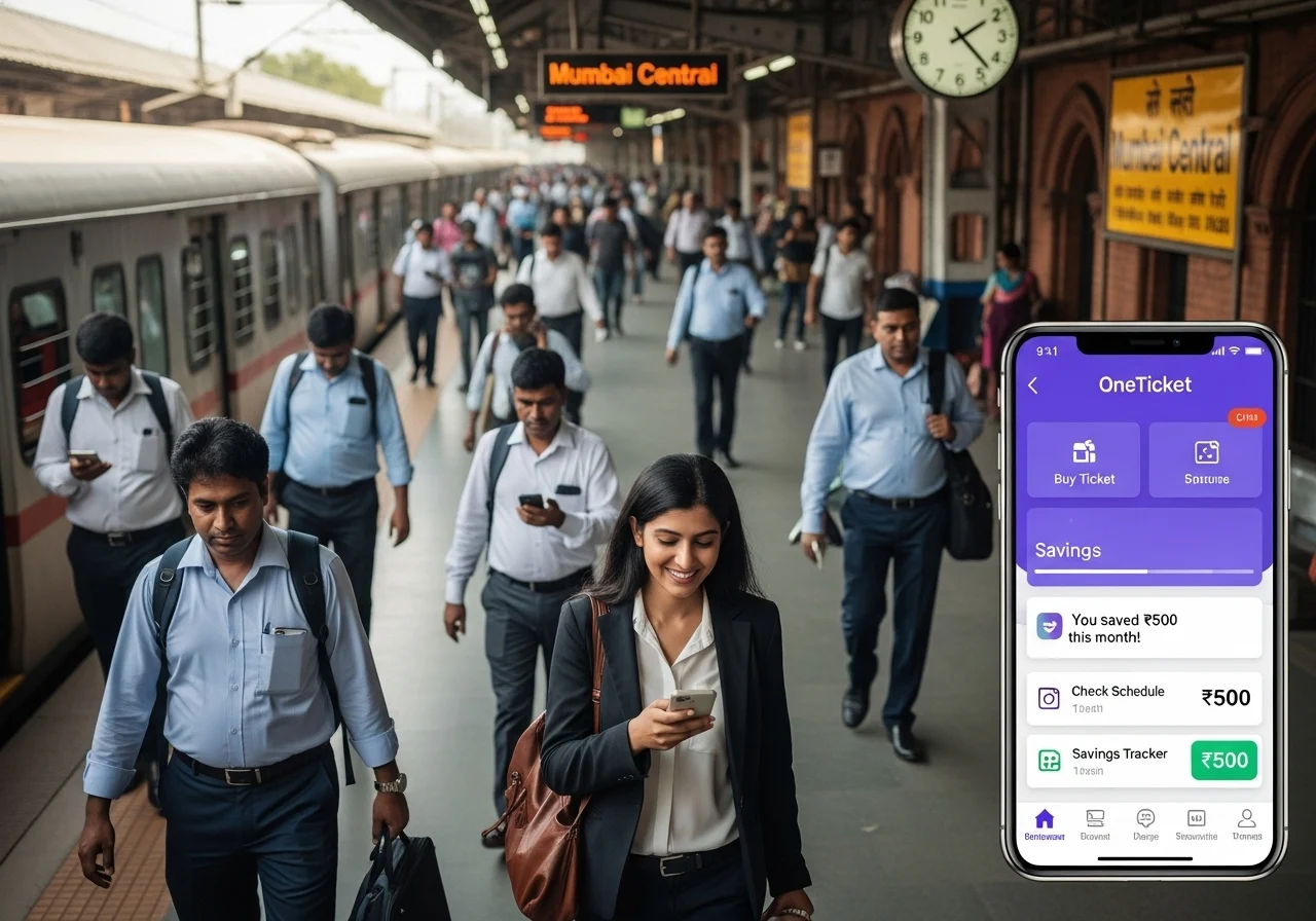Commuters in Mumbai using the OneTicket app on their phones at a metro station.