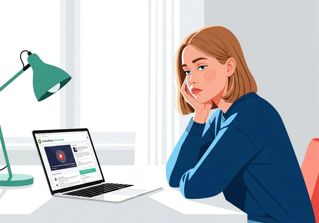 A person looking bored at a laptop with an online course from Unacademy or Coursera on screen.