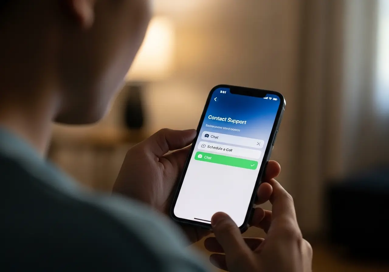 A person on their iPhone looking at the Apple Support app to contact customer service.