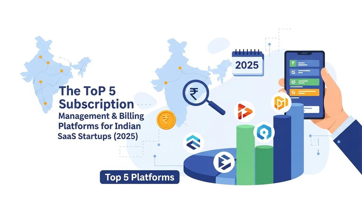 An illustration showing a SaaS dashboard with growth charts and billing icons, with Indian currency symbols.