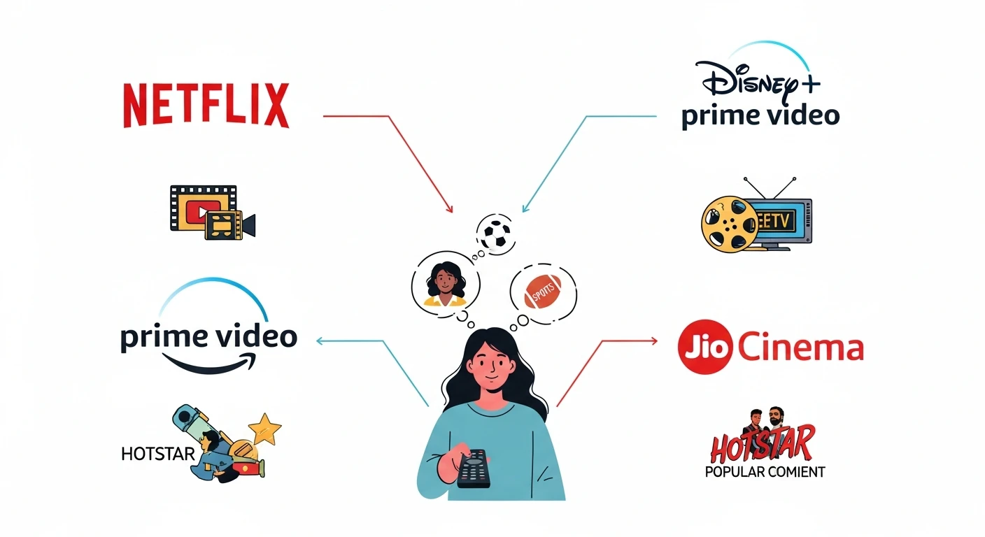 A comparison graphic with the logos of Netflix, Amazon Prime Video, Disney+ Hotstar, and JioCinema.