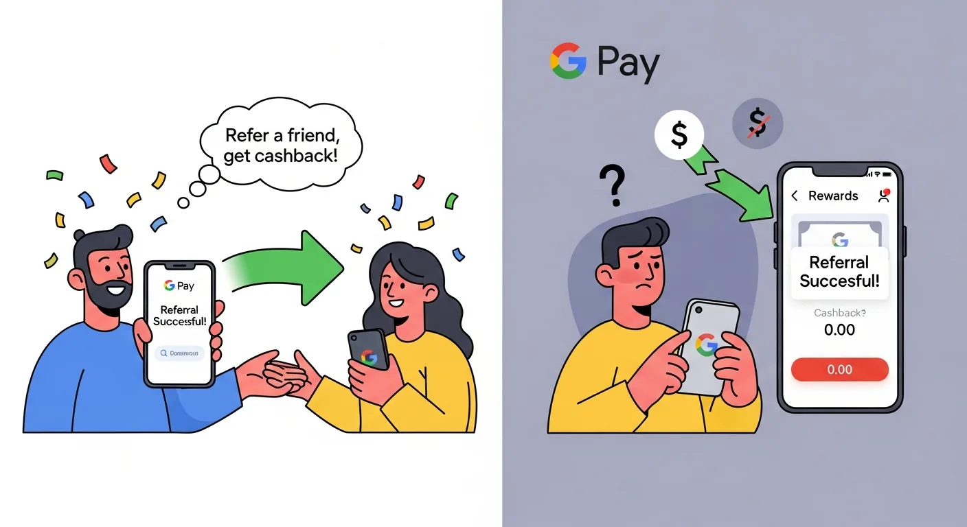 An illustration of the Google Pay referral program, highlighting the common problem where the cashback reward fails to arrive after a successful referral.