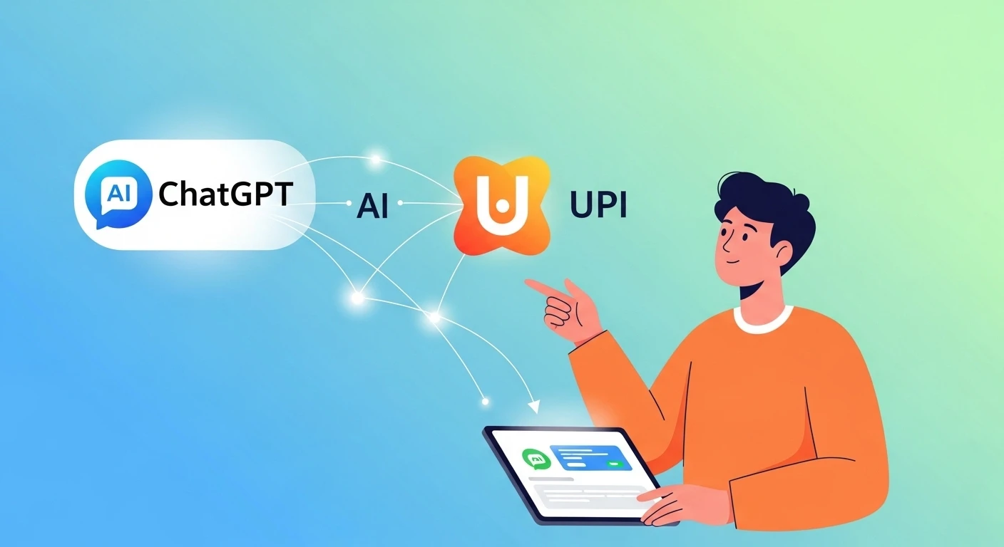 An illustration showing the ChatGPT and UPI logos connected, symbolizing the integration of AI and payments.