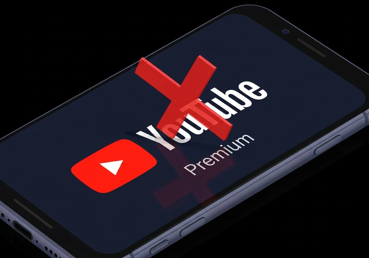 A phone displaying the YouTube Premium logo with a large red cancel icon over it.