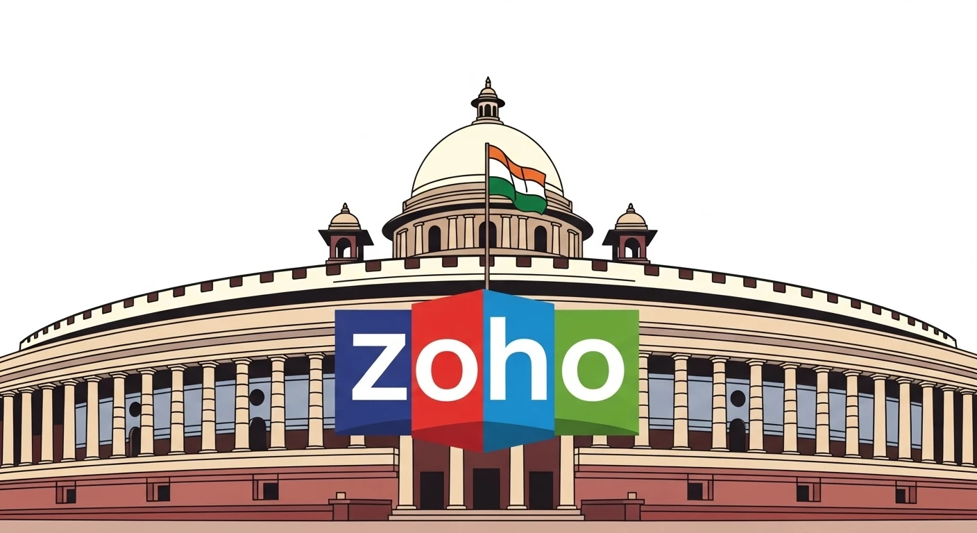 An illustration showing the Zoho logo integrated with the Indian Parliament building, symbolizing government adoption.