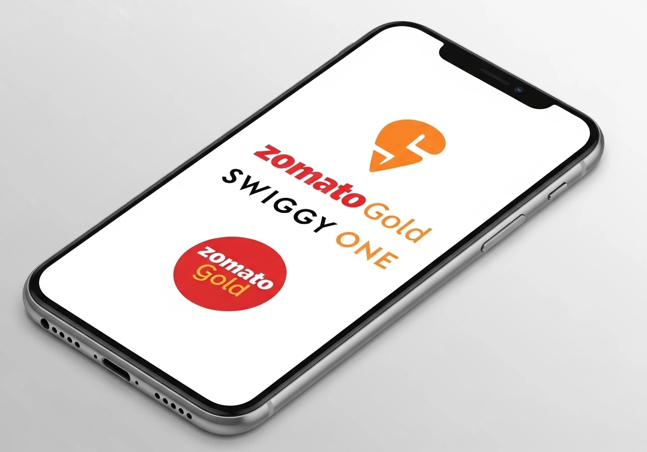 Zomato Gold and Swiggy One logos on a phone, representing food delivery subscriptions.