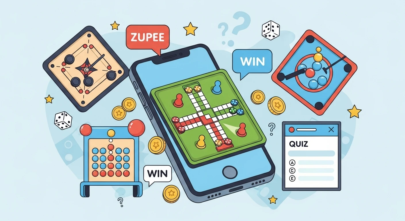 An illustration showing various Zupee games like Ludo and Carrom being played on a mobile phone.