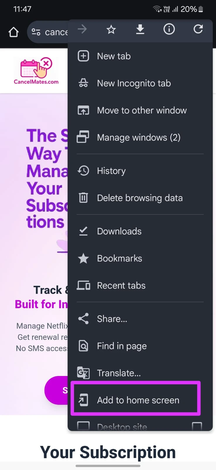 Step-by-step visual on how to add CancelMates to an Android home screen.