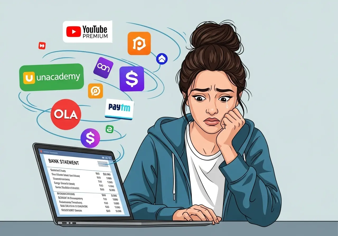 A worried person looking at their bank statement on a laptop with logos of popular Indian subscription services floating around.